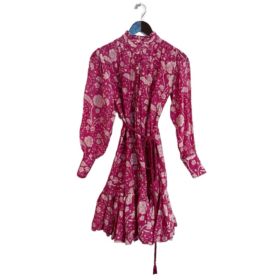 Oliphant Pintuck Magenta Purple Floral Long Sleeve Tie Waist Mini Dress